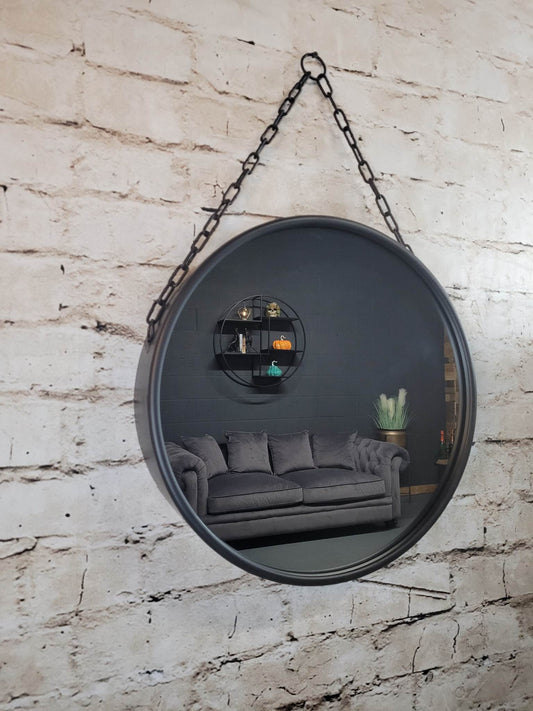 Black Industrial Round Wall Mirror