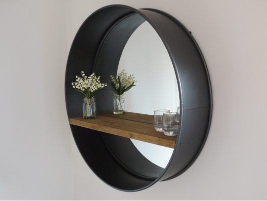 Large Round Industrial Mirror With Shelf