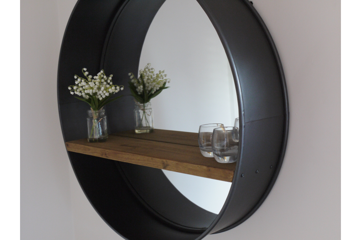 Large Round Industrial Mirror With Shelf