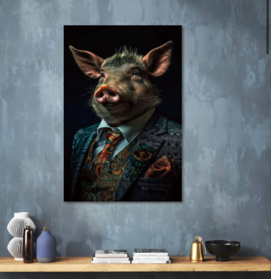 Suited Pig Tempered Glass Wall Art